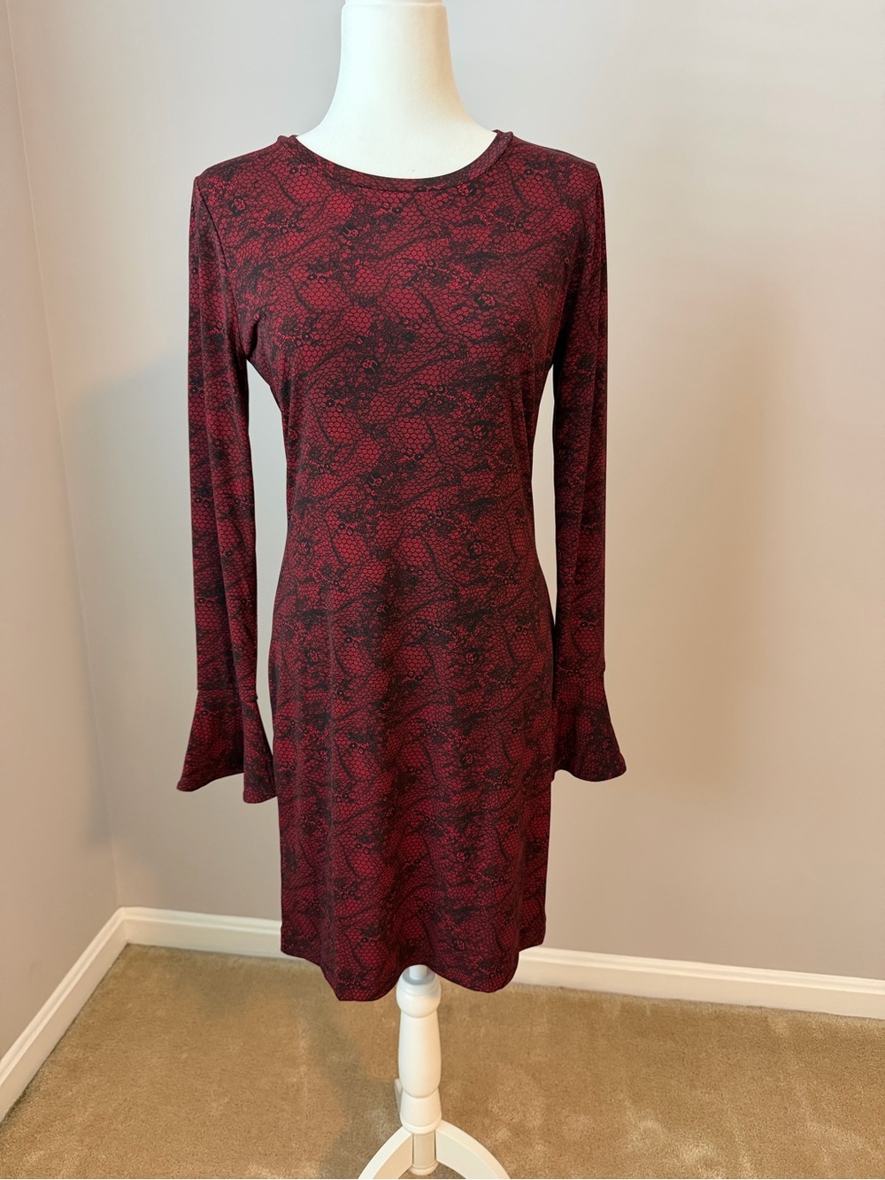 Michael Kors Burgundy and Black Printed Long-Sleeve Shift Dress